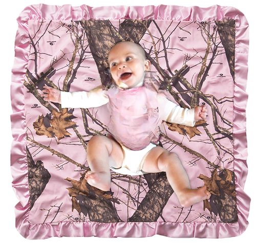 Mossy Oak BU Pink Hunting Camo Baby Blanket, Super Soft Carstens Microfur Back and Satin, Bow, Newborn Pink Camouflage Gift Blanket