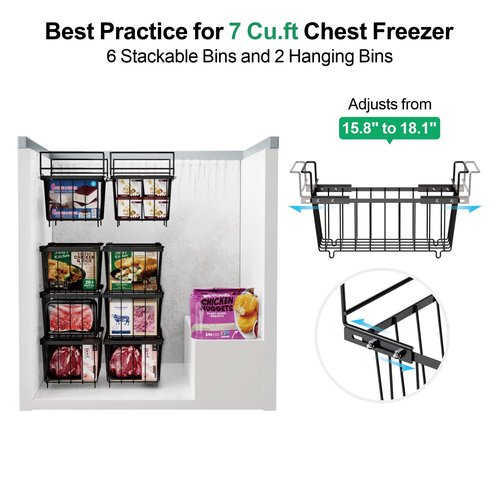iSPECLE Chest Freezer Organizer Bins 8 Pack - Fit 7 Cu.Ft Deep Freezer, 2 Adjustable Hanging Baskets and 6 Pack Stackable Freezer Bins, Deep Freezer Organizer Bins Sort Frozen Food, Black