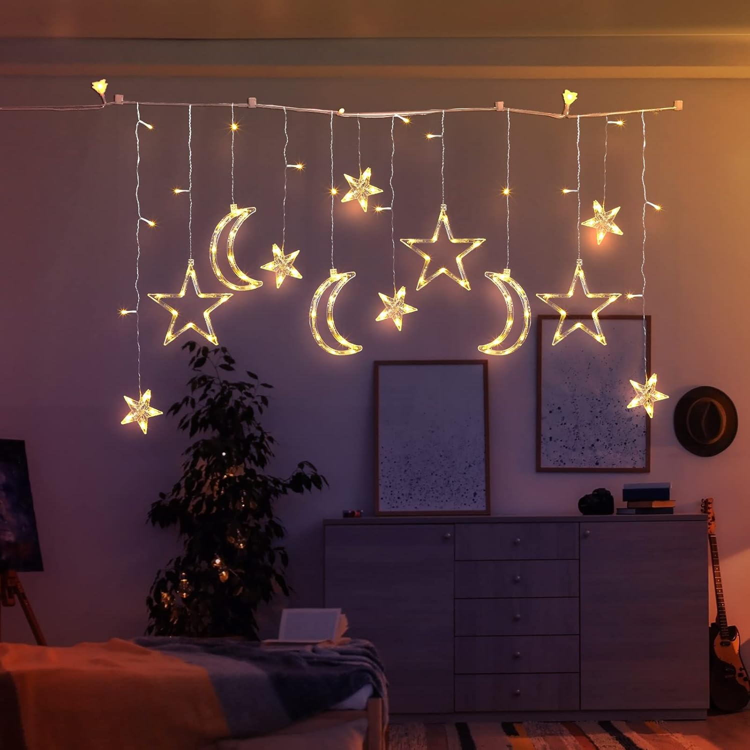 Riakrum LED Star and Moon String Lights - 11.48 ft Warm White Fairy Lights for Bedroom | Waterproof Decor