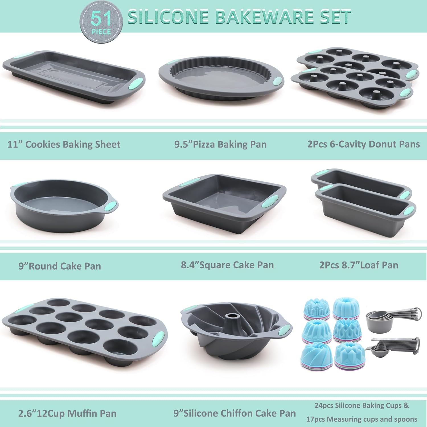 Tongjude Silicone Bakeware Set - 51 Piece Non-Stick Kitchen Baking Pans & Molds | Versatile Muffin, Cake, Donut & Loaf Pans