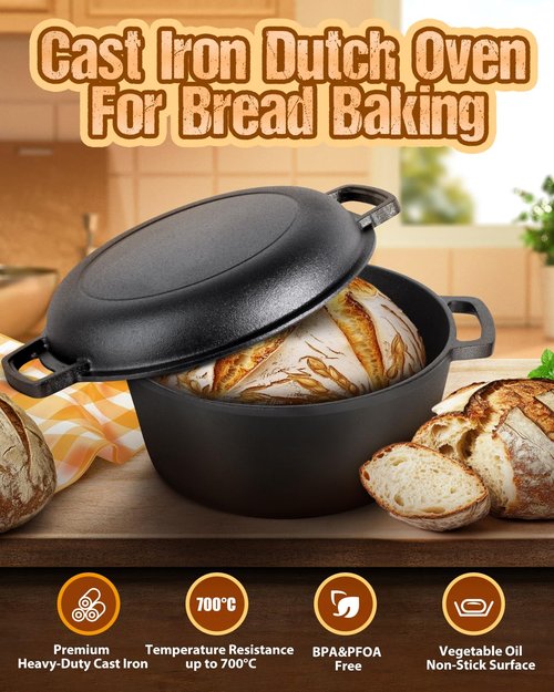 Cast Iron Dutch Oven for Sourdough Bread Baking, Pre-Seasoned 5QT Dutch Oven Pot with Lid, Include Proofing Basket, Silicone Sling & Dough Whisk