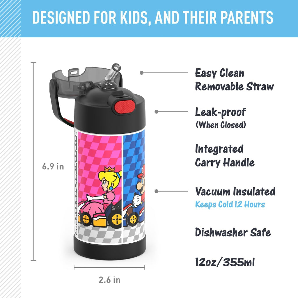 THERMOS FUNTAINER Water Bottle - 12 Ounce Kids Stainless Steel Vacuum Insulated with Straw | Super Mario Design