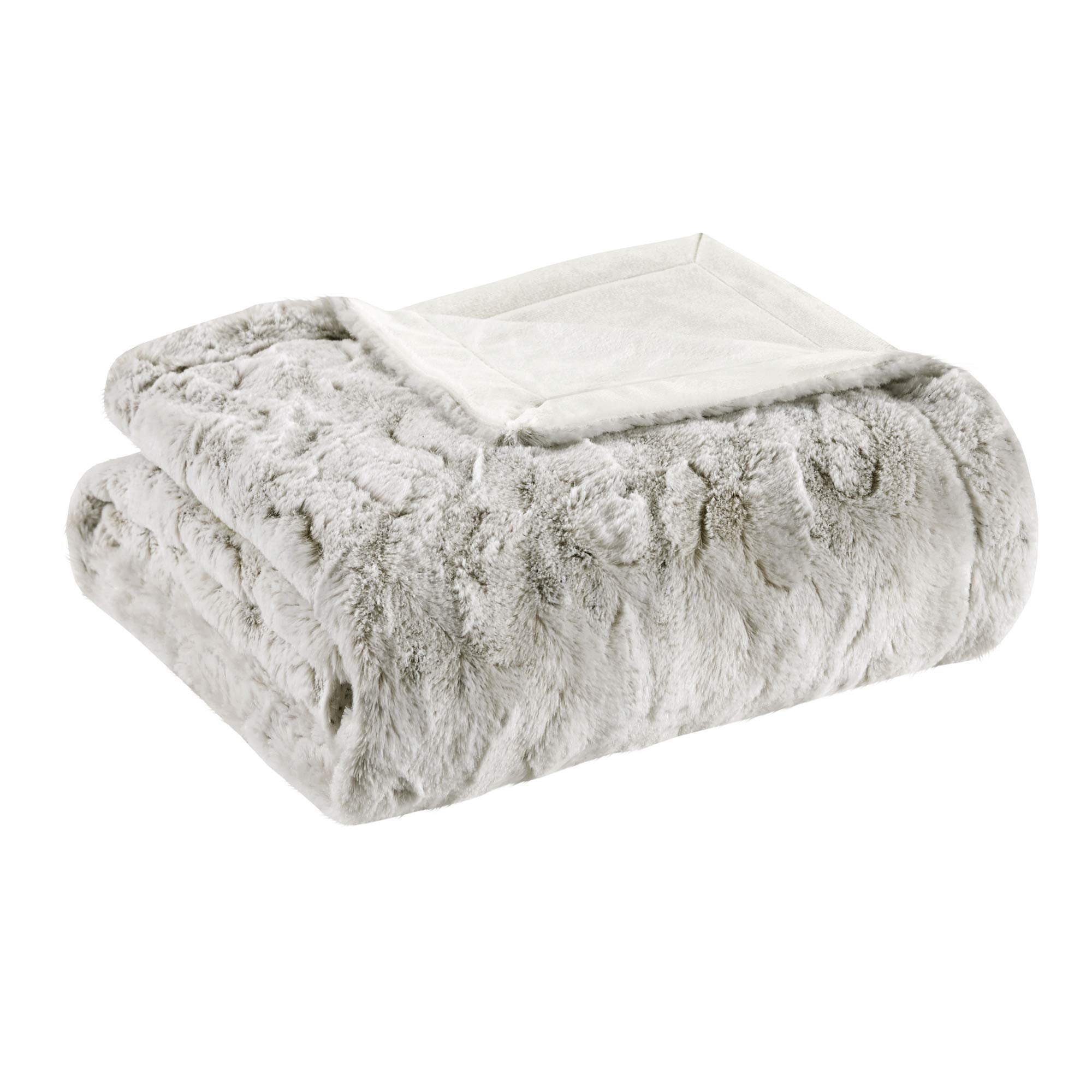 Madison Park Zuri Soft Plush Luxury Oversized Faux Fur Throw Animal Stripes Design, Faux Mink On The Reverse, Modern All Seasons Blanket for Bed, Sofa Couch, Office, Snow Leopard, 60x70