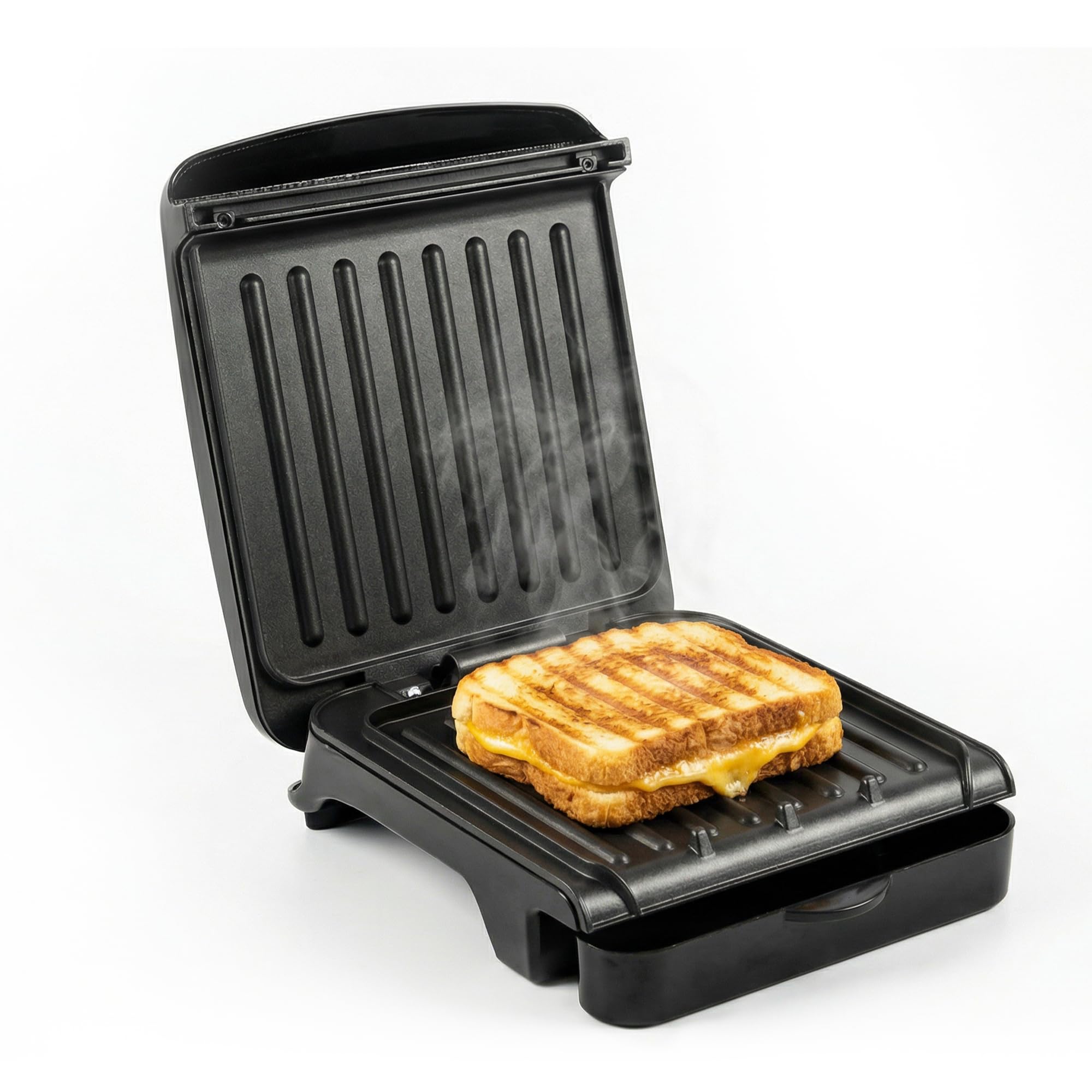 OVENTE 2-Serving Electric Indoor Grill & Panini Press with Easy Clean Non-Stick Plate Coating, Opens 180 Degrees, 8.15" x 7.4" Space Saving Design, 750W Contact Grill for Burgers & More, Black GP222B