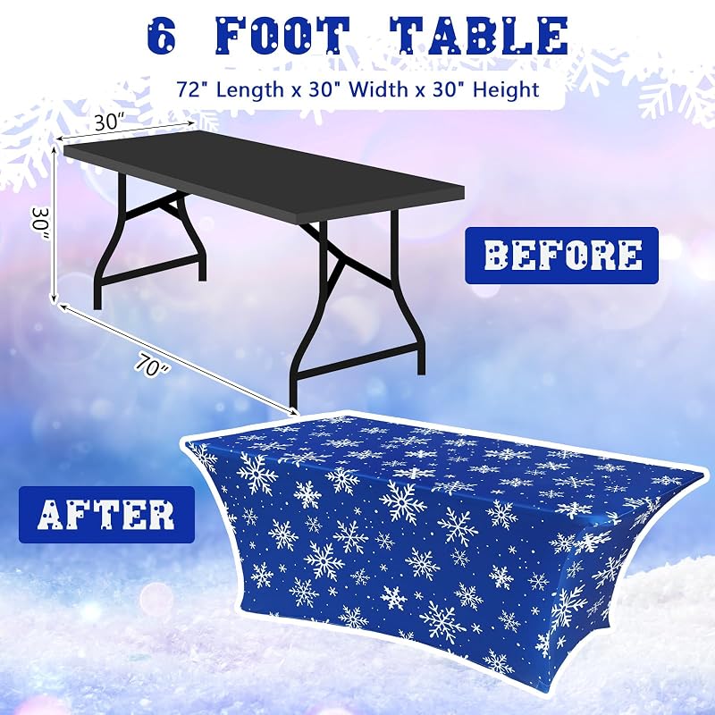2 Pcs Winter Stretch Table Cover 6 ft Blue Snowflake – Variation: 2+Snowflake