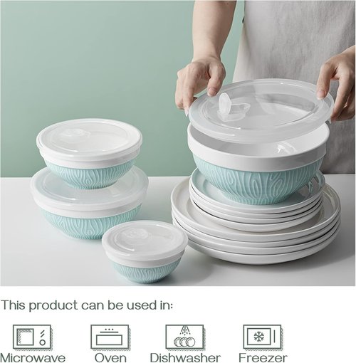 DOWAN Mixing Bowls Set - Ceramic Serving Bowls with Lids for Food Storage | 4-Piece Turquoise Set (64/32/24/12 Ounce)