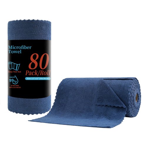 Tigona 80 Pack Microfiber Cleaning Cloth Roll,Lint Free Rags & Tear Away Reusable Towels Washable Scratch,Ultra Absorbent Dish Rags(12" x 12") for Car Kitchen Home Garage-Navy Blue