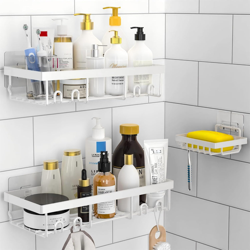 Moforoco Shower Caddy Basket Shelf - No Drill, Rustproof White Bathroom Organizer | 3-Pack with Soap Holder