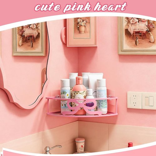 Coquette Corner Shower Caddy - No Drilling Pink Shower Shelves with 5 Adhesive Hooks | 2 Pack