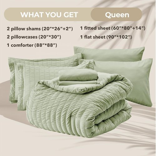 HYMOKEGE Queen Comforter Set - Light Green Seersucker 7-Piece Luxury Bedding Set for All Seasons