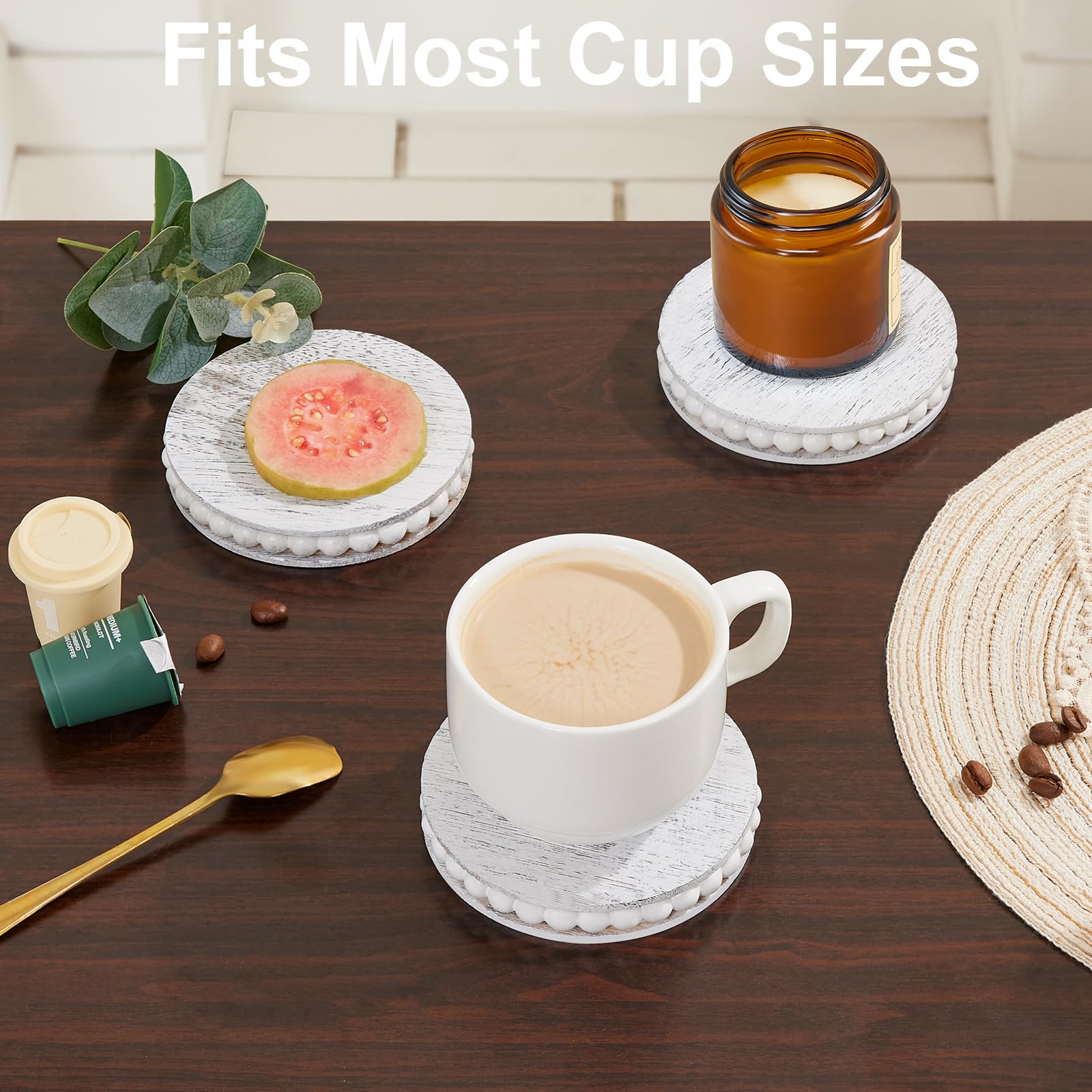 Set of 6 Wooden Coasters for Drinks-Farmhouse Wooden Bead Coasters with Holder for Coffee Table Decor