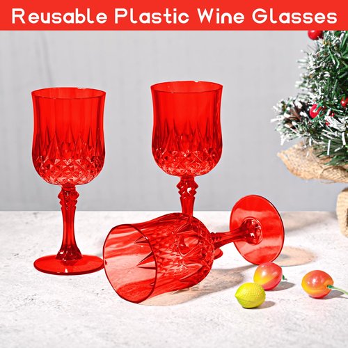 48 Pcs Red Plastic Wine Glasses, Plastic Goblets for Parties, Vintage Wine Glasses Bulk, Reusable Drinking Glass, Drinkware Cups for Wedding Party Reception Event Supplies