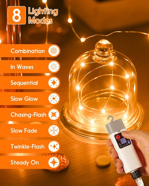 Anpro Outdoor String Lights Indoor: 66FT 200 LED Rechargeable String Lights for Outside, Quick Reel-in, Waterproof Camping Lights, 3 Timer 8 Modes, Christmas Twinkle Lights Decor for Yard, Patio