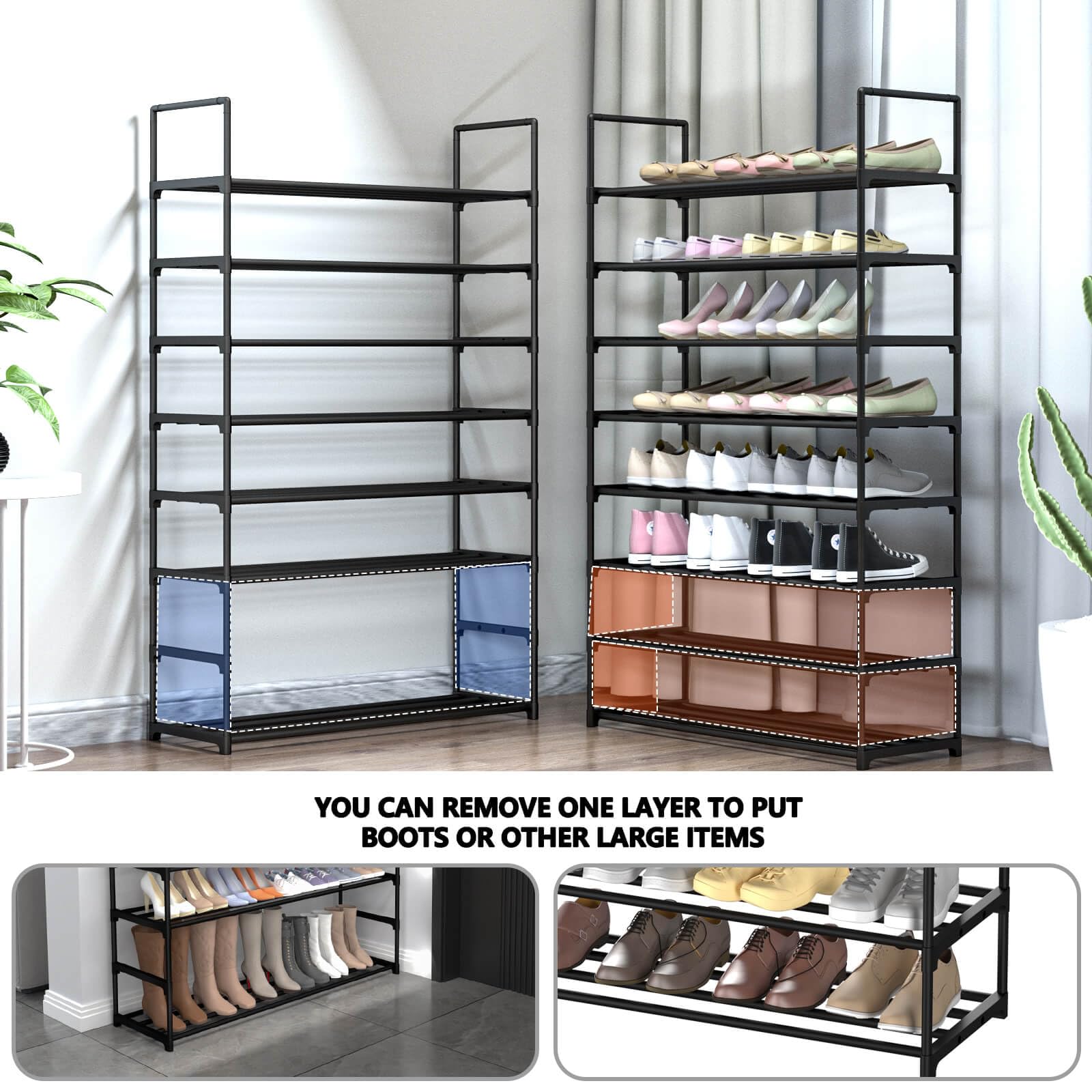 Hsscblet 8 Tiers Metal Shoe Rack,Adjustable Shoe Shelf Storage Organizer with Hooks,Stackable Boot & Shoe Storage,for Entryway,Hallway,Closet,Black