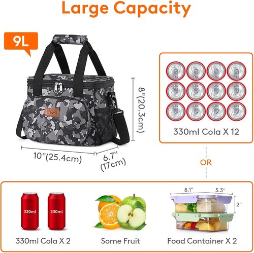Lifewit Insulated Lunch Bag - Soft Cooler Tote for Adults | Black Camo, 12-Can Capacity (9L)