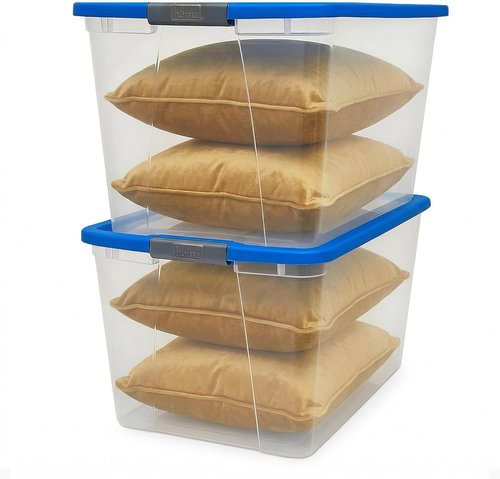 HOMZ 2-Pack Clear Plastic Storage Organizer Bins - 64 Quart Stackable Containers with Blue Lids for Home & Office