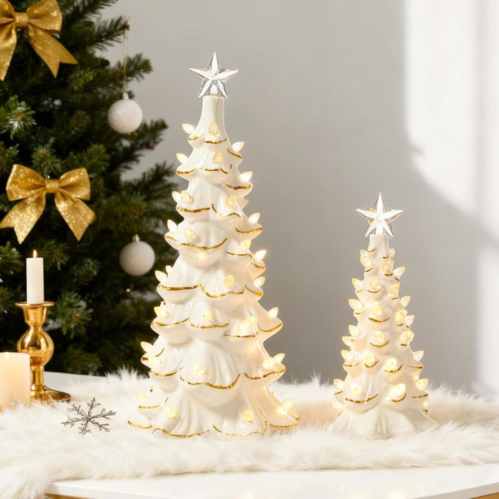 WDS WONDROUS Ceramic Christmas Tree Tabletop - Prelit White & Gold Accents | 2-Piece Small Xmas Decor