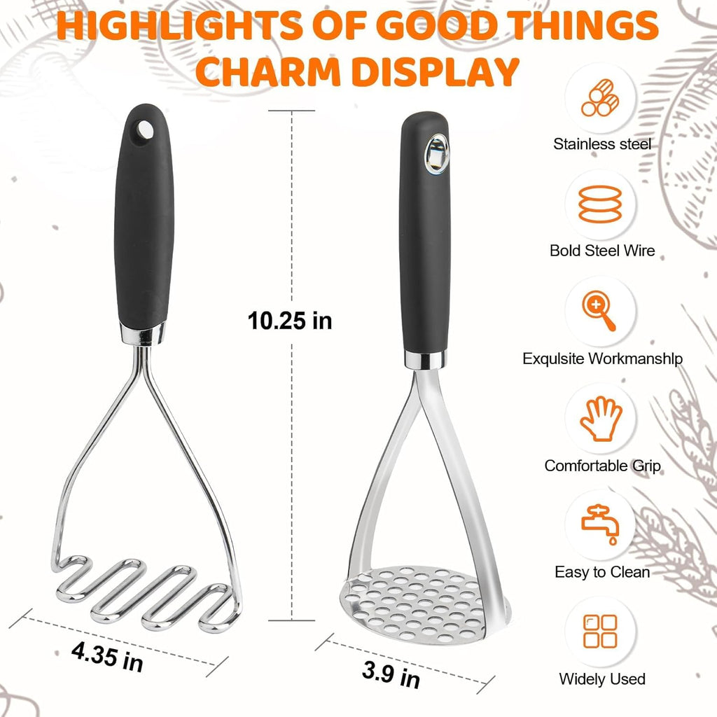 Skiennix Potato Masher Set - 2-Piece Stainless Steel Wire Masher for Perfectly Creamy Potatoes | Black