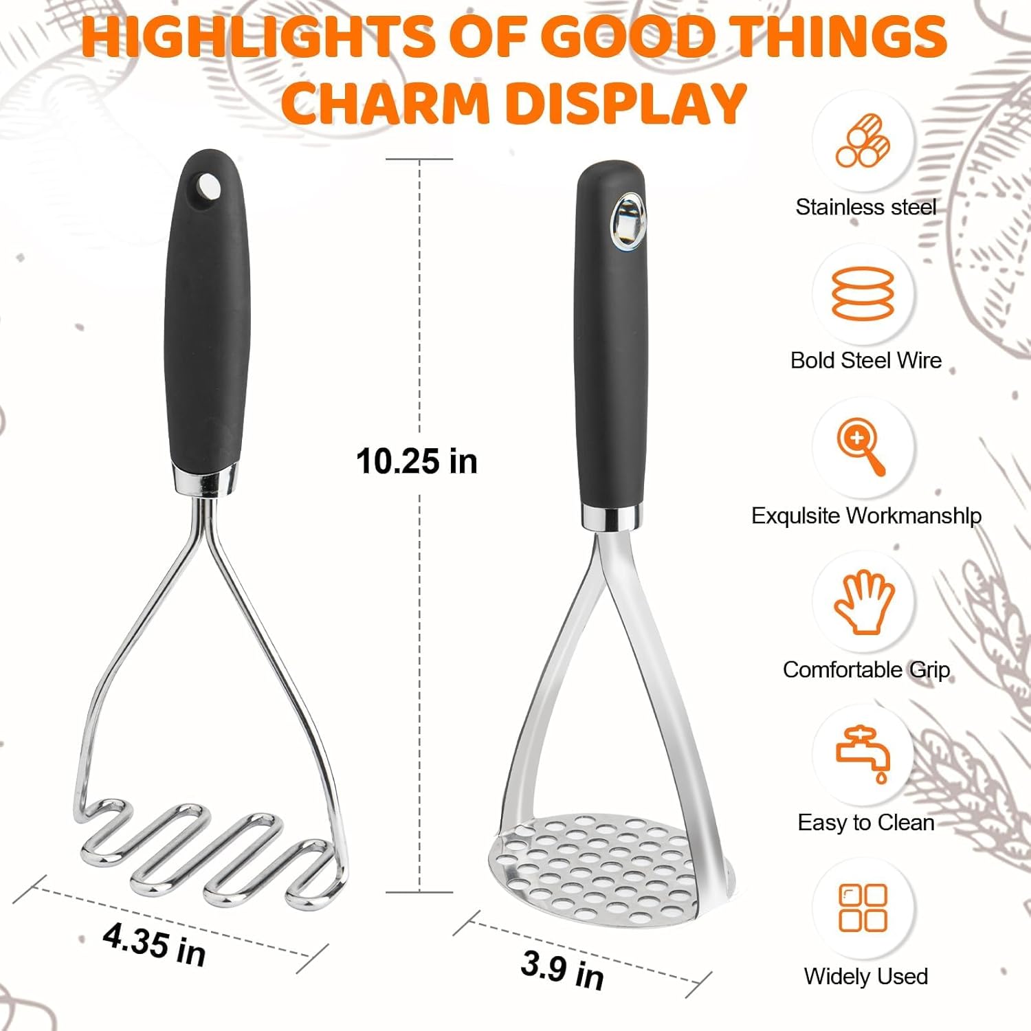 Skiennix Potato Masher Set - 2-Piece Stainless Steel Wire Masher for Perfectly Creamy Potatoes | Black