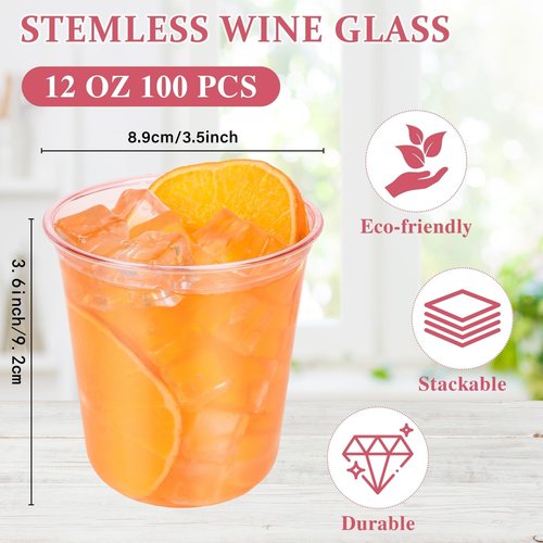 Benestanti 100 Pcs Pink Plastic Cups,12oz Disposable Stemless Wine Glasses for Cocktail,Cute Plastic Cups,Cocktail Wine Glasses,Pink Party Cups for Meeting Wedding Christmas Holiday,Party Supplies