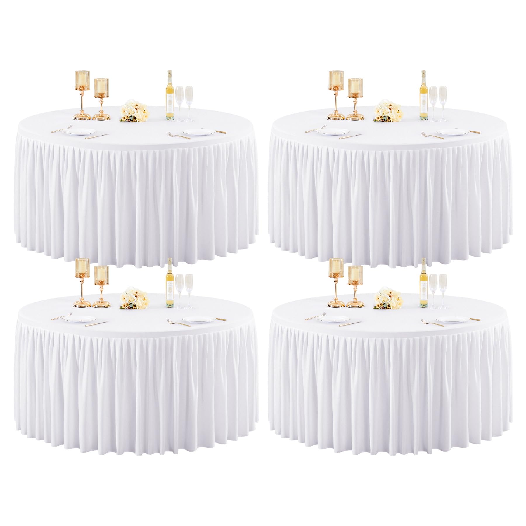 72Inch White Round Tablecloth,4 Pack Wrinkle Resistant 6ft Spandex Tablecloth,Washable Stretchy Polyester Table Cloth Round Cover for Dining Table,Wedding,Reception Banquet, Birthday Party, Buffet