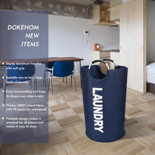DOKEHOM Large Collapsible Laundry Basket - 95L Freestanding Hamper in Dark Blue