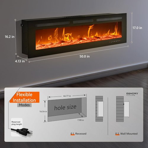 EUHOMY 50-Inch Electric Fireplace - Wall Recessed & Mounted | Adjustable Flame Color, Remote Control, Timer