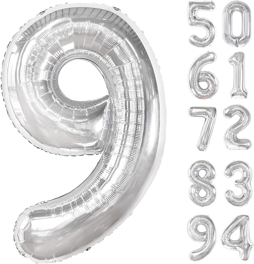 Silver 9 Balloon - 40 Inch Giant Number Balloon for 9th Birthday Decorations | Perfect for Boys & Girls