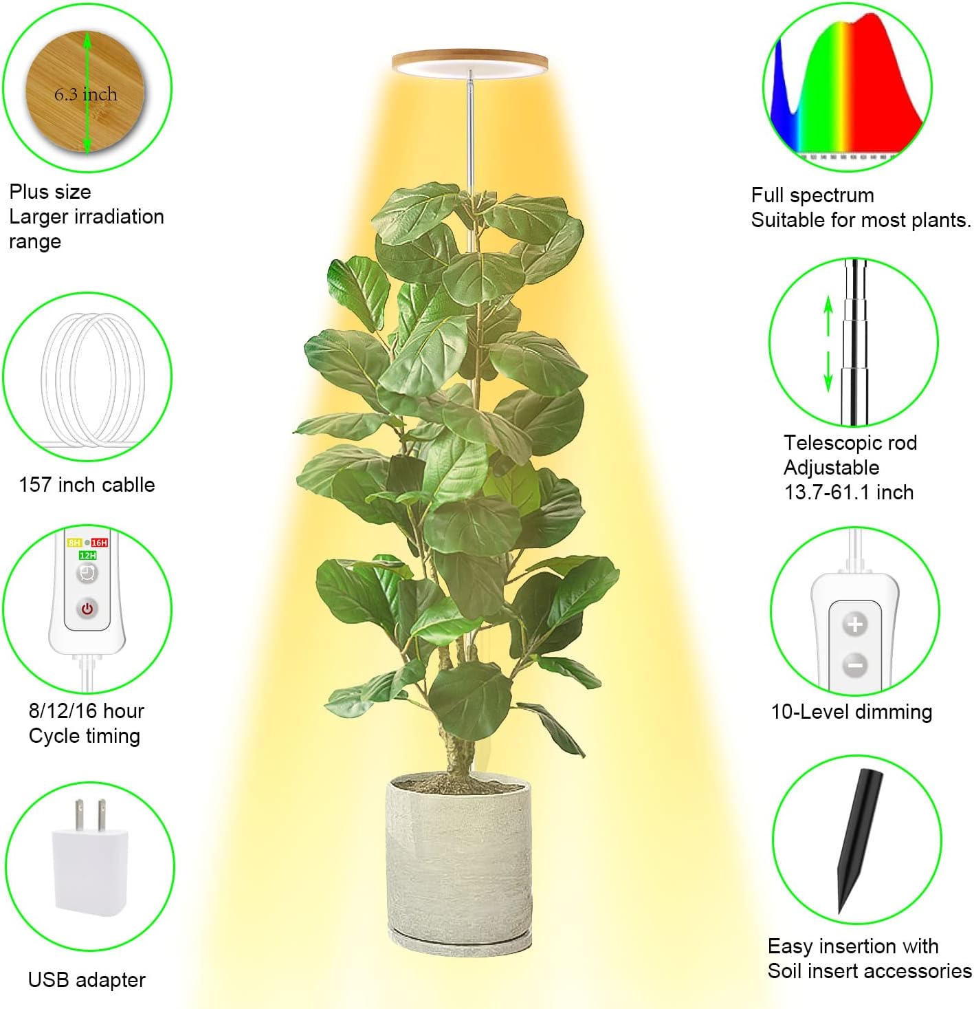 Yadoker LED Grow Light - Full Spectrum Indoor Plant Lighting with Adjustable Height & Timer | Safe 5V Design