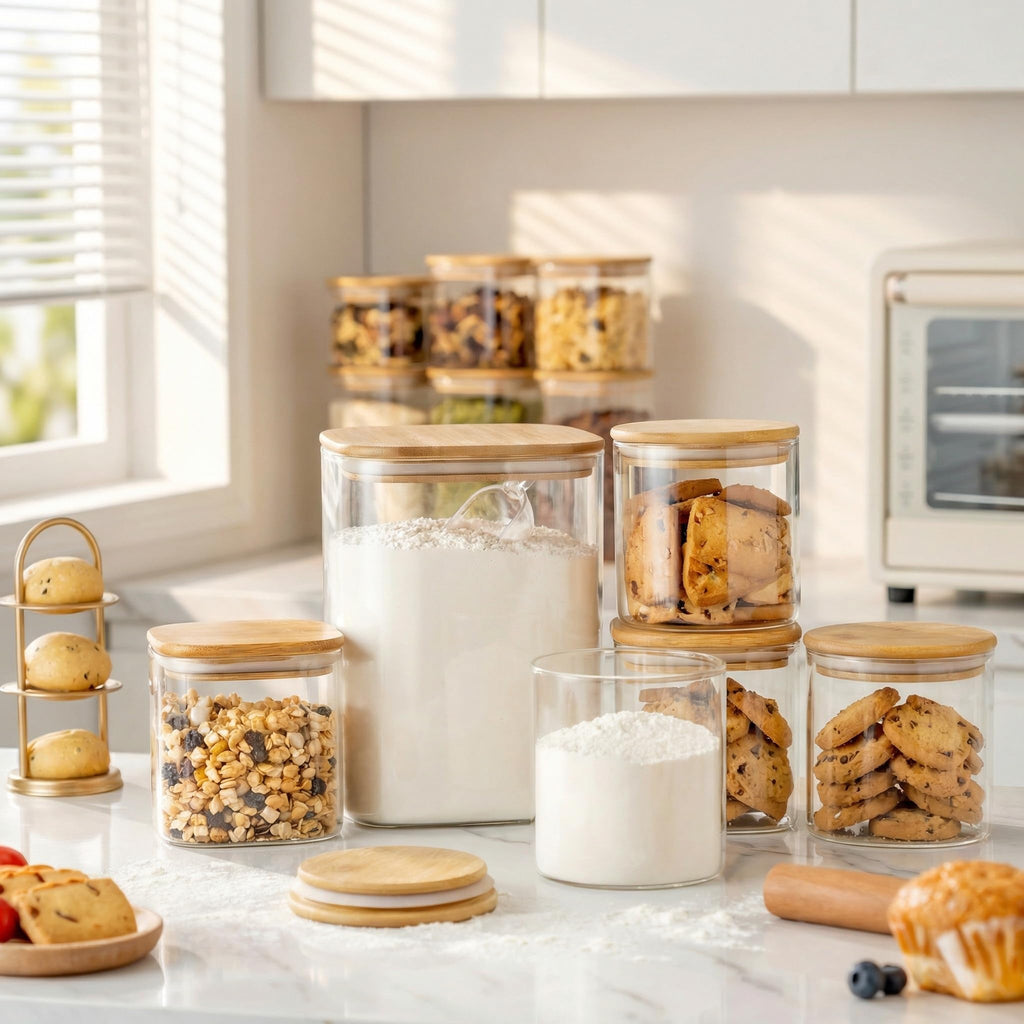 Extra Large Square Glass Flour & Sugar Storage Containers with Airtight Lids, 132oz & 63oz - 2 Pack Glass Jars with Bamboo Lids, Air tight Pantry Food Storage Containers for Cereal, Pasta, Rice
