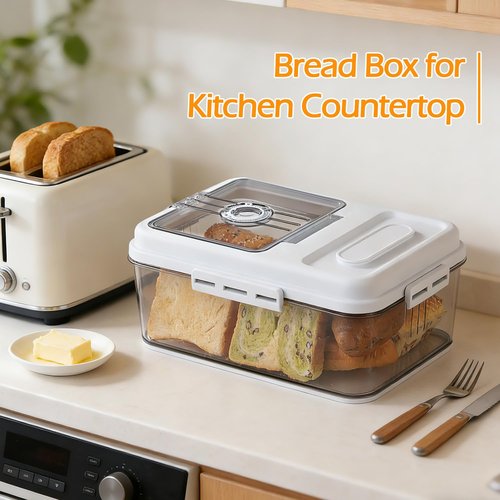 Dynta 2 Pack Bread Box for Kitchen Countertop Airtight Bread Storage Container with Lid Time Recording Plastic Bread Keeper for Homemade Bread, Toast, Loaf and Cookies