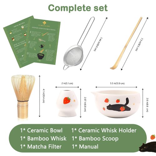 KOIMYSA Cute Matcha Whisk Set with Cat and Strawberry Pattern Matt Matcha Bowl, 5PCS Traditional Bamboo Whisk Kit, Chasen and Chashaku, White