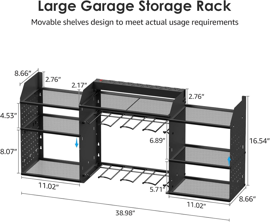 CCCEI Wall Mount Tool Organizer - 39 Inch Power Tool Storage Rack with 6FT Power Strip & 8 Drill Holders