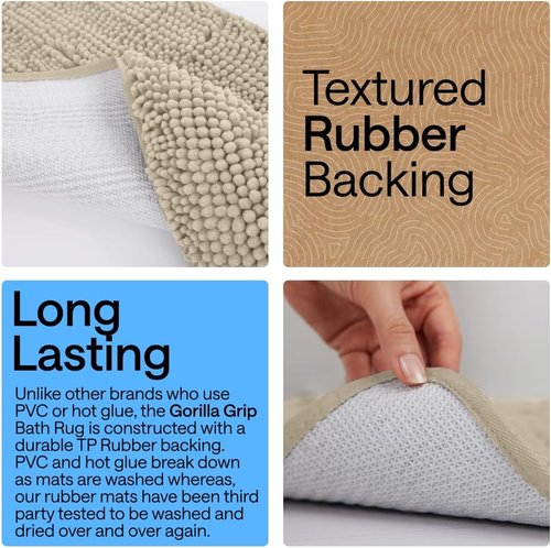 GORILLA GRIP Bath Rug Mat - Soft Absorbent Chenille | Quick-Dry Microfiber, Rubber Backing, 24x17, Sand
