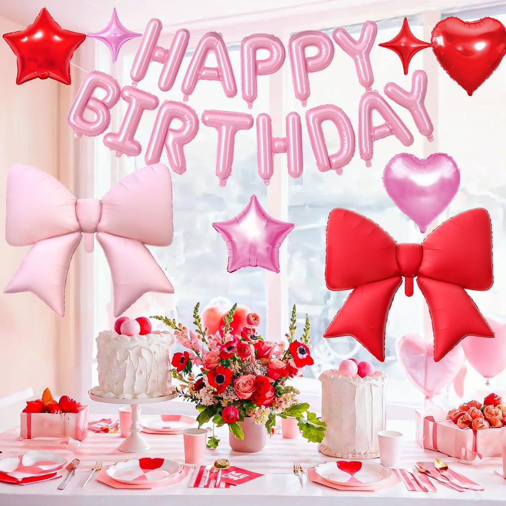 Red Pink Bow Birthday Decorations,38 Inch Helium Pink Red Bow Balloon Happy Birthday Balloons Banner Star Heart Foil Balloons for Women Men Party Supplies