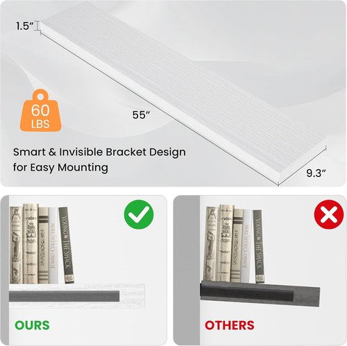 FLYJOE Floating Wall Shelves - 55"W Wooden Display Shelf with Invisible Brackets | White, Ideal for Living Room & Bedroom
