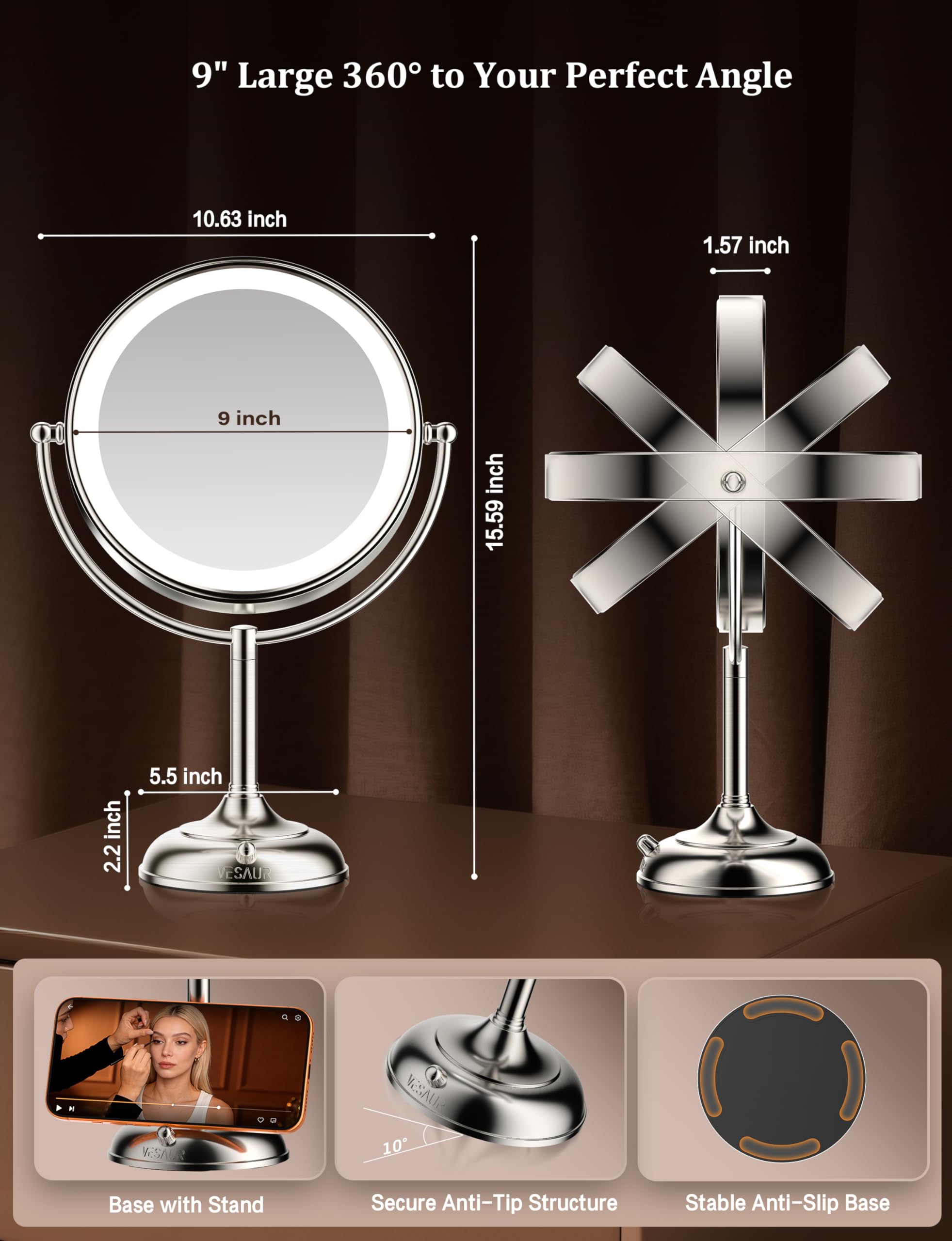 VESAUR 2026 Upgraded 20X lighted makeup mirror with magnification, 9" 1X10X Magnifying Mirror with 3 Color Modes & Adjustable Brightness, 5000mAh Rechargeable Vanity Mirror, 360° Swivel, Nickel, Gifts