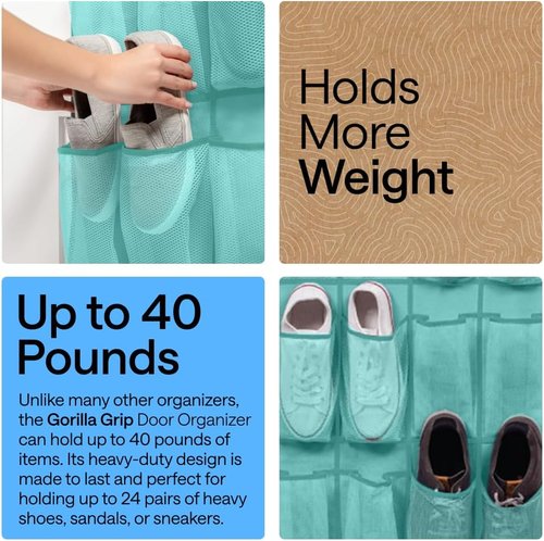 GORILLA GRIP Over The Door Shoe Organizer - 24 Large Breathable Mesh Pockets | Space-Saving Storage in Turquoise