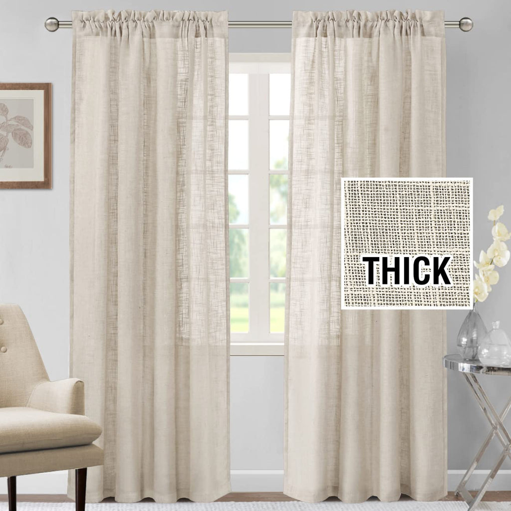 H.VERSAILTEX Linen Curtains 84 Inches Long for Living Room and Bedroom - Natural Linen Blended, Light Filtering, Rod Pocket, Burlap Textured, 2 Panel Sets, Angora