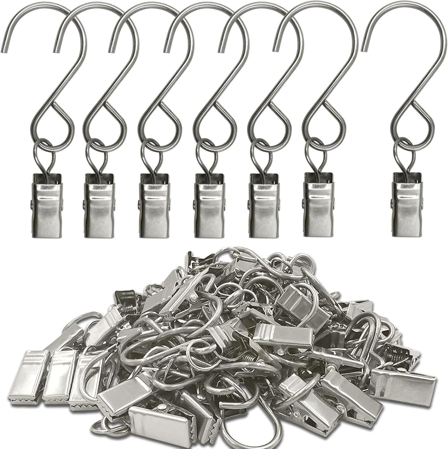 Stainless Steel S Hooks - 50 Pack Curtain Clips for Hanging Party Lights & Art Displays | 3 Inch, Silver