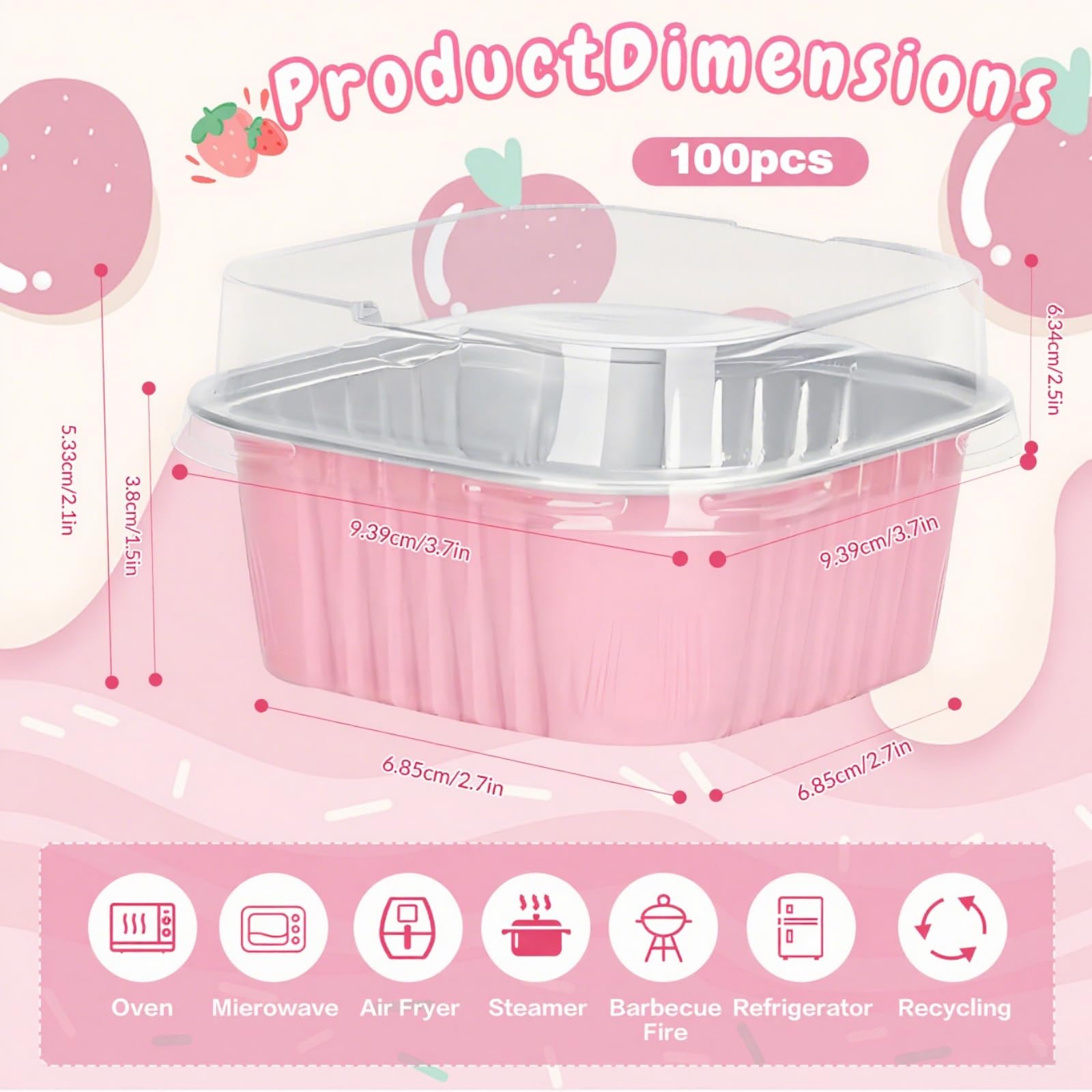 ylnurac 100Pack 5oz Pink Mini Cake Pans with Lids Baking Cups Aluminum Foil Pans Tins, Individual Dessert Cups Containers for Sales,Party,Picnics