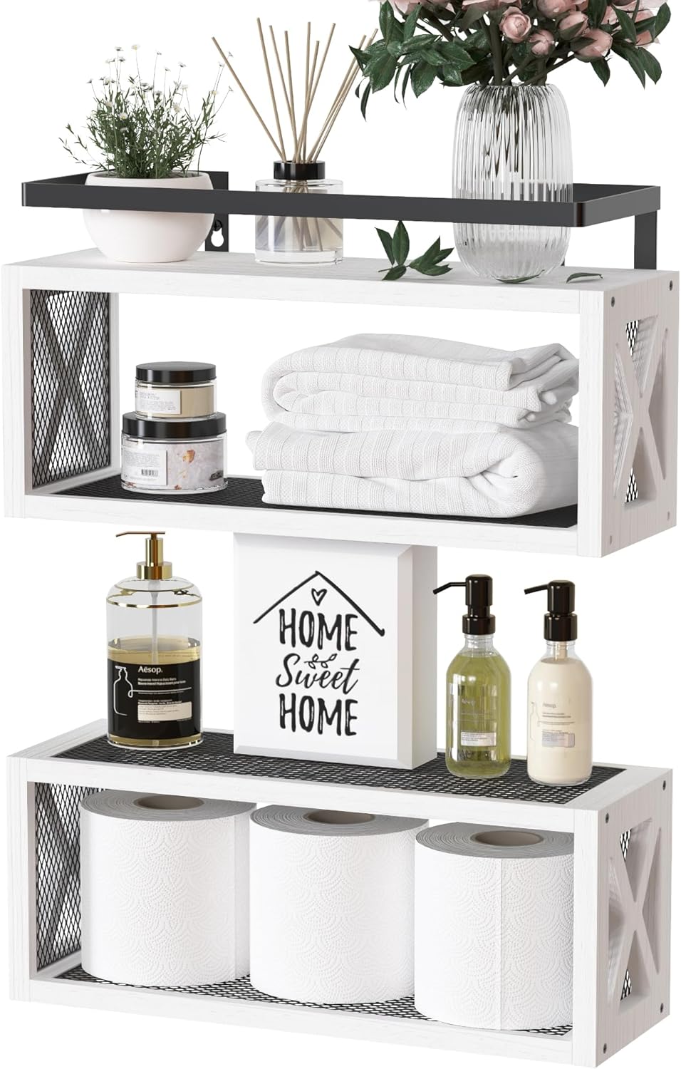 RICHER HOUSE Floating Shelves - Rustic Wood Wall Décor with Guardrail for Bathroom & Kitchen - White