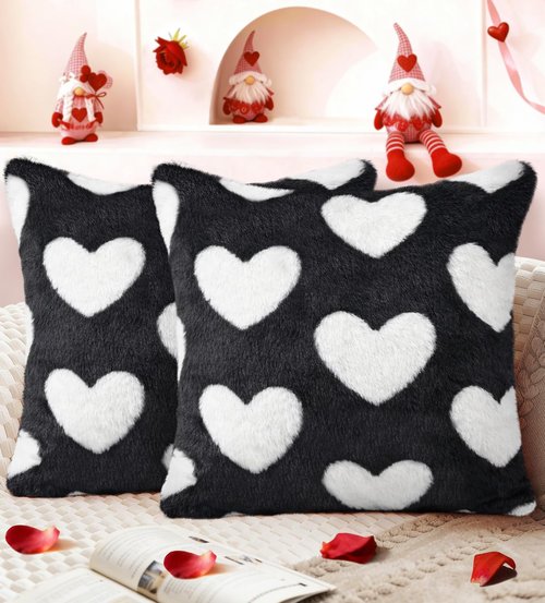 Kokaaee Valentines Pillow Covers 18x18 Inch Set of 2 - Plush Faux Fur Black White Love Hearts Valentines Day Jacquard Throw Pillow Covers Decorations Soft Home Decor for Couch, Sofa, or Bed