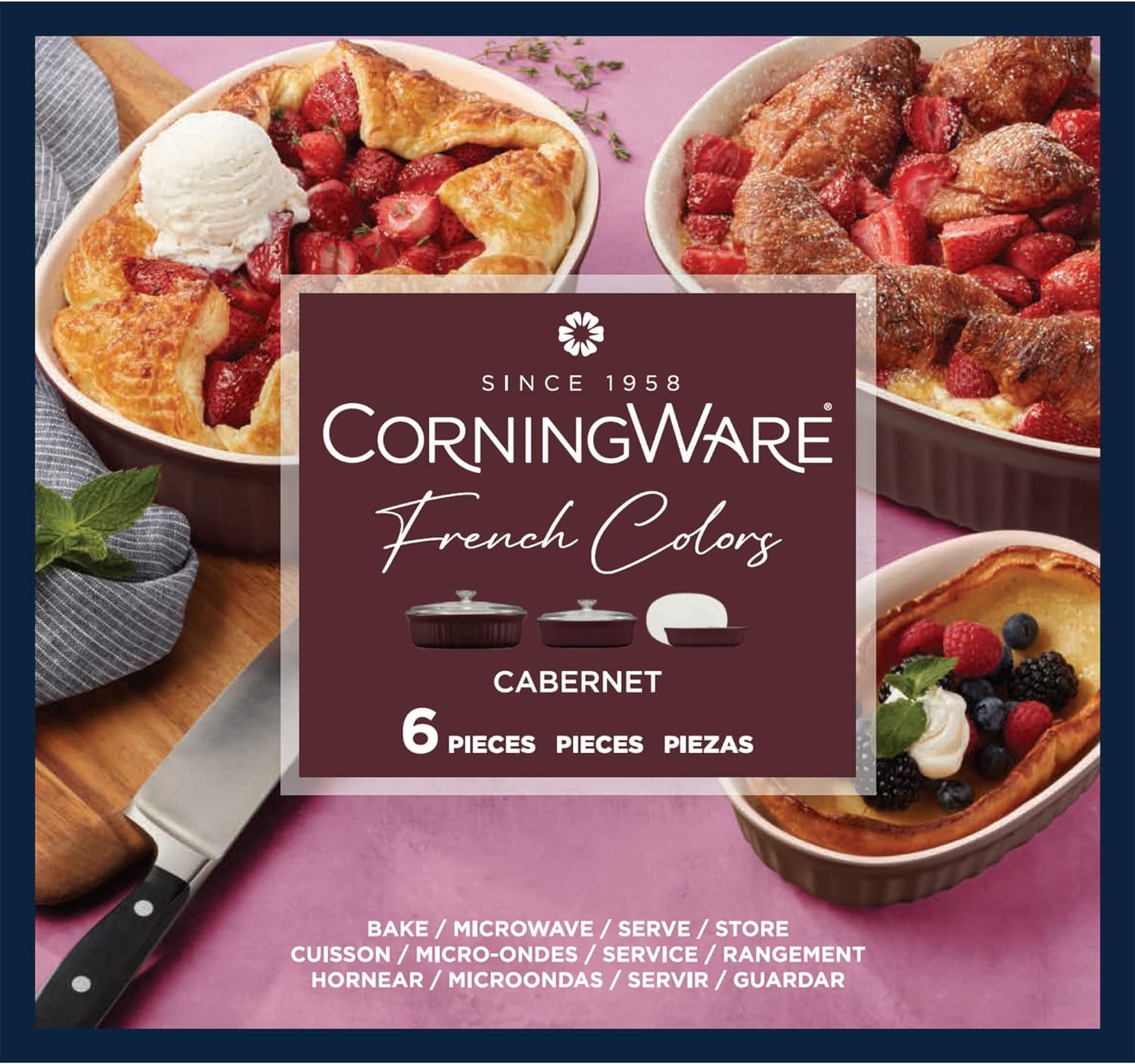 CorningWare Ceramic Bakeware Set - Chip & Crack Resistant Stoneware | 6-Piece French Cabernet, Safe for Oven & Microwave