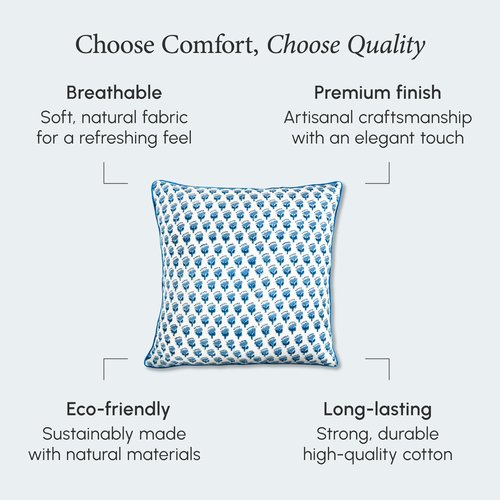 CPC 100% Cotton Throw Pillow Covers 18x18 Inch, Set of 2 Blue Block Print Pattern Couch Pillow, Cute Boho Decorative Pillows for Living Room, Bedroom with Hidden Zipper- Apatite Blue