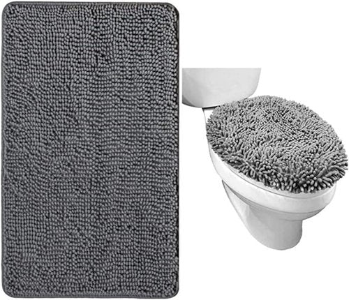 Gorilla Grip Chenille Bath Rug & Toilet Lid Cover Set - Gray | Machine Washable, 24x17 & 17.5x15