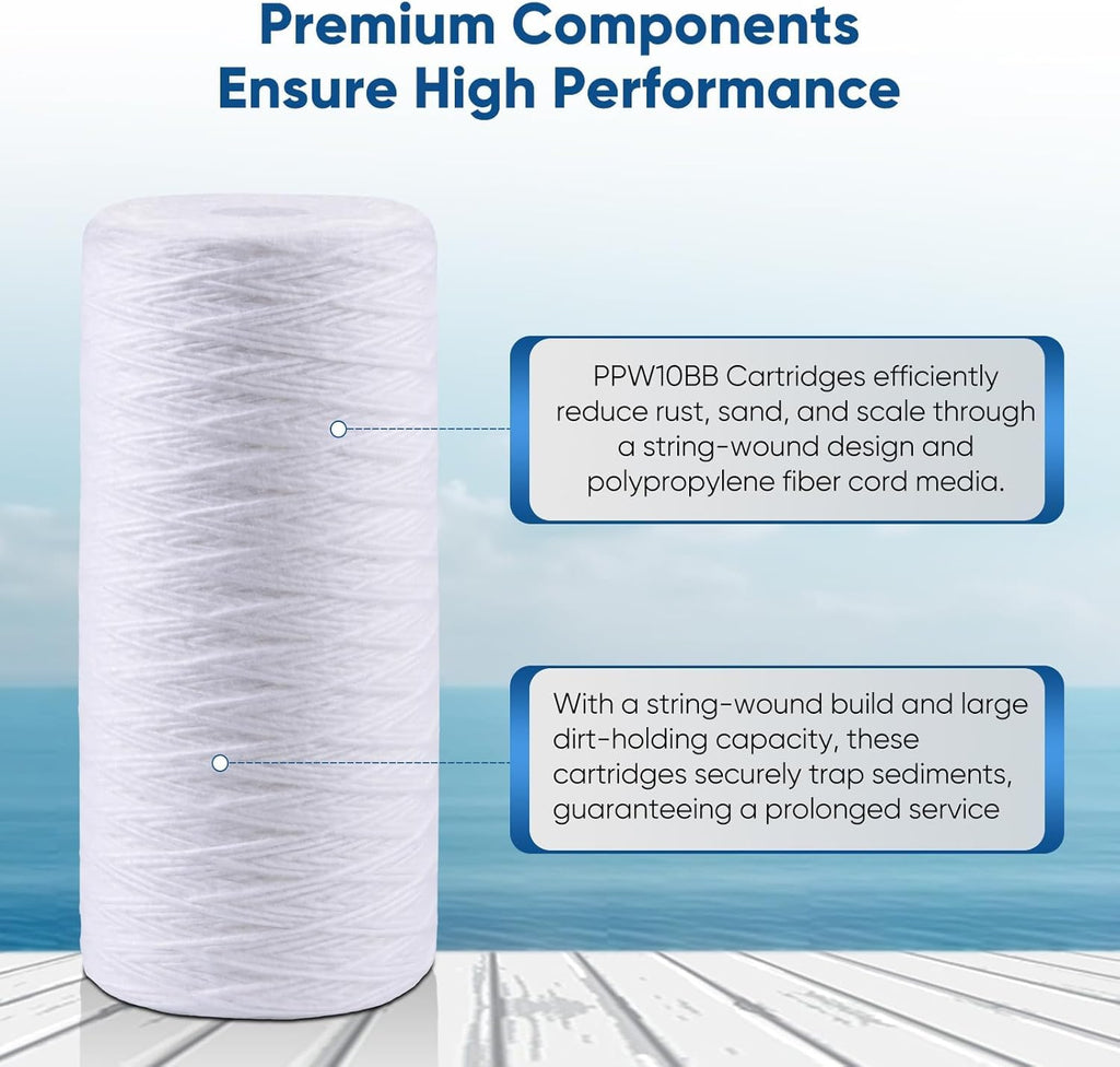 PUREPLUS 25 Micron 10 x 4.5 Whole House String Wound Sediment Filter for Well Water, Replacement Cartridge for 84637, WPX5BB97P, PC10, CW5-BBS, 355215-45, WP10BB97P, WP5BB97P, 4Pack