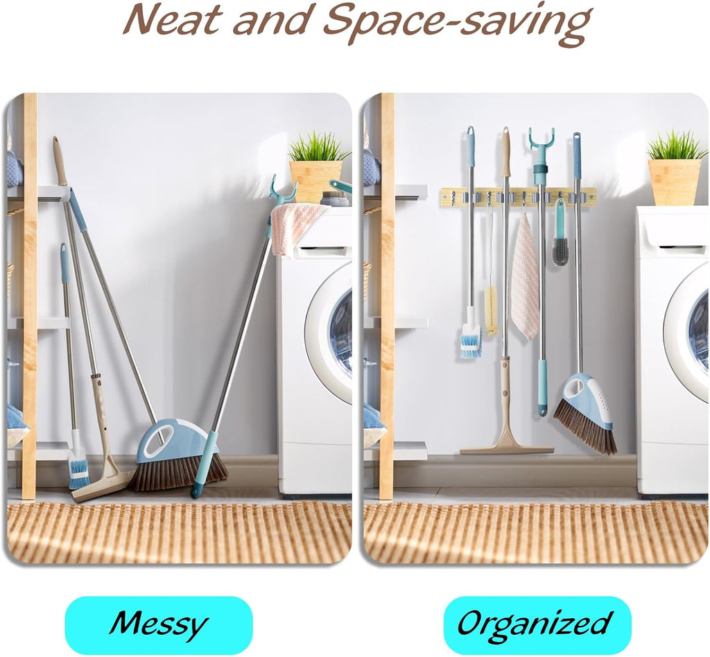 OUTNILI Mop and Broom Holder Wall Mount - Light Wood Organizer with 4 Slots & Hooks for Garage, Closet, Kitchen