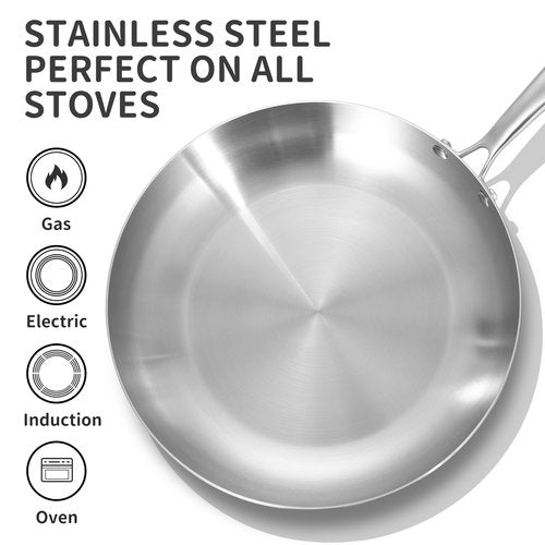 LOLYKITCH 8.5-10 Inch Tri-ply Stainless Steel Frying Pan Set with Lid,Skillets,Induction Cookware,Dishwasher and Oven Safe