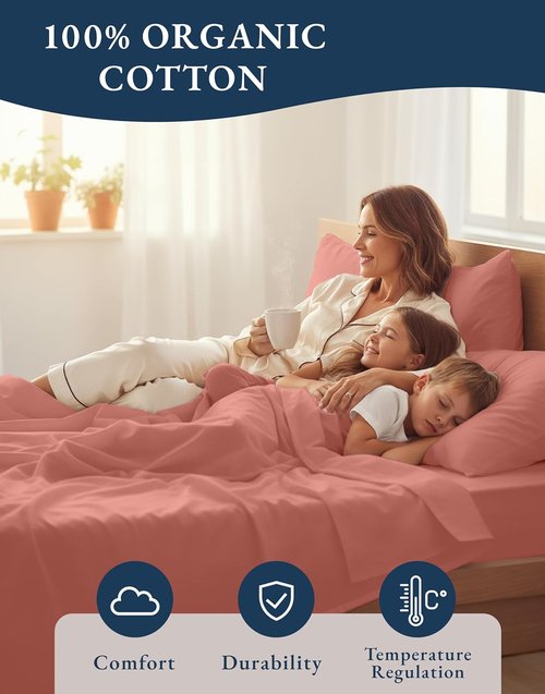 LANE LINEN 100% Organic Cotton Full Sheet Set - Ultra Soft Percale Bedding, Fits Mattresses Up to 15" Deep | Rose Dawn